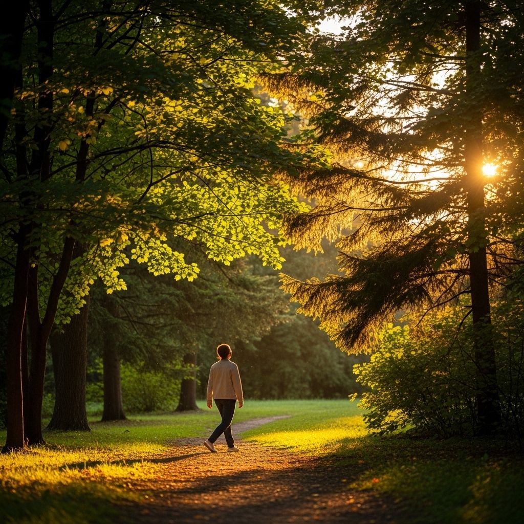 Osoba spacerująca spokojnie po parku wśród drzew podczas złotej godziny, otoczona naturalną zielenią i miękkim, ciepłym światłem
