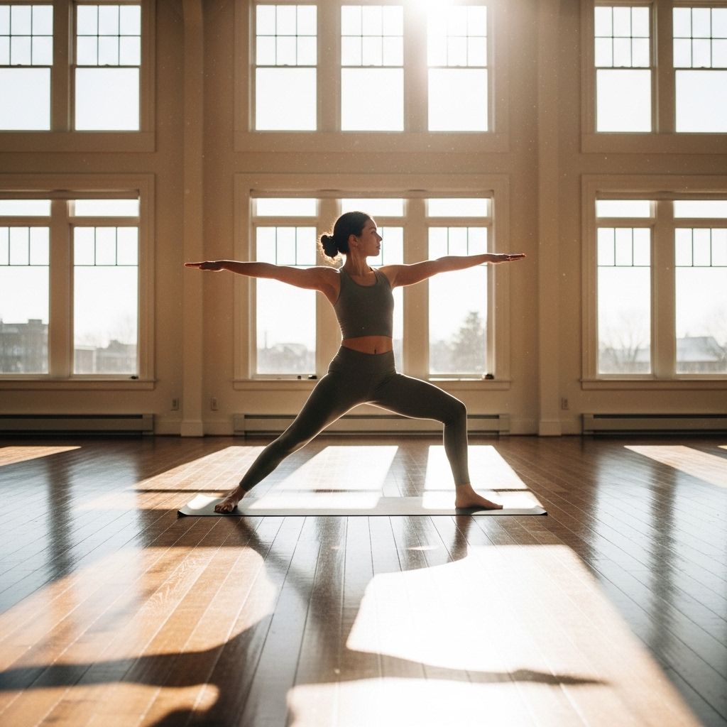 Praktykująca jogę osoba w pozycji wojownika w jasnym, słonecznym studio z drewnianą podłogą i dużymi oknami