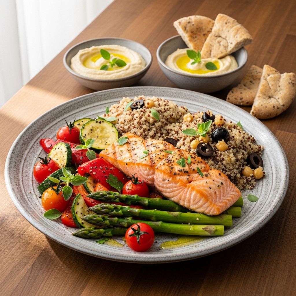 Zbilansowany śródziemnomorski posiłek z warzywami, zbożami i roślinami strączkowymi na ceramicznym talerzu, minimalistyczna prezentacja na drewnianym blacie