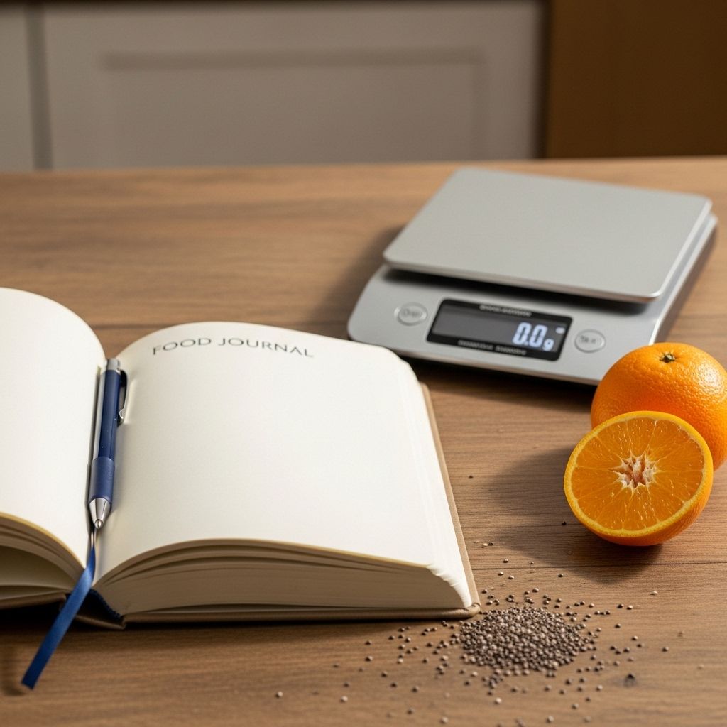 Notatnik z dziennikiem żywienia i prosta waga kuchenna na drewnianej powierzchni w delikatnym porannym świetle