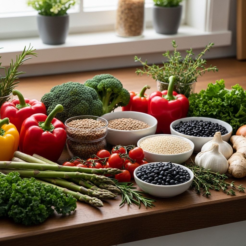 Zdrowe składniki posiłku rozłożone na blacie kuchennym — warzywa, zioła, ziarna zbóż i strączki w naturalnym świetle