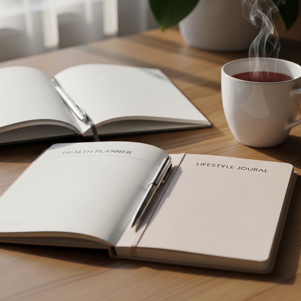 Planner nawyków zdrowotnych i dziennik stylu życia na biurku z długopisem i filiżanką herbaty